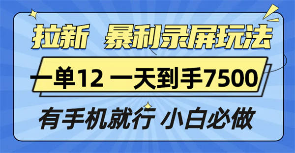 拉新暴利录屏玩法，一单12块，一天到手7500，有手机就行-侠客资源