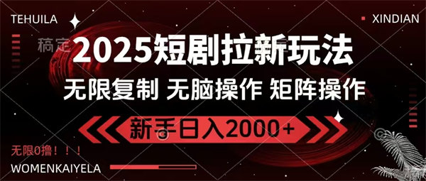 短剧拉新玩法，无需注册登录，无限0撸，无脑批量操作日入2000+-侠客资源