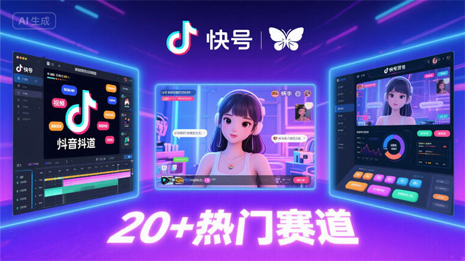 蝴蝶号、快手、抖音三大平台：剪辑+数字人直播，涉及20+热门赛道-侠客资源