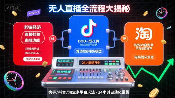 无人直播全流程大揭秘，快手/抖音/淘宝多平台玩法解析，轻松开启24小时自动化带货！-侠客资源