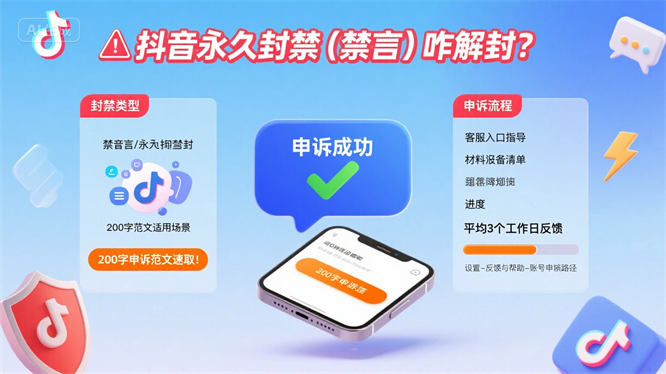 【免费项目】抖音永久封禁（禁言）咋解封？200 字申诉范文速取！-侠客资源