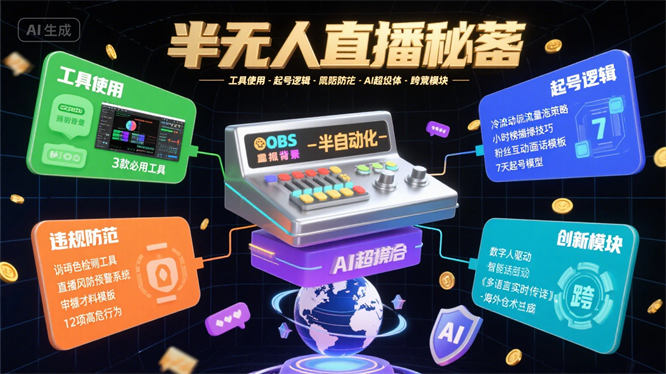 半无人直播秘籍：详解工具使用、起号逻辑、违规防范，增设AI超体与跨境模块-侠客资源