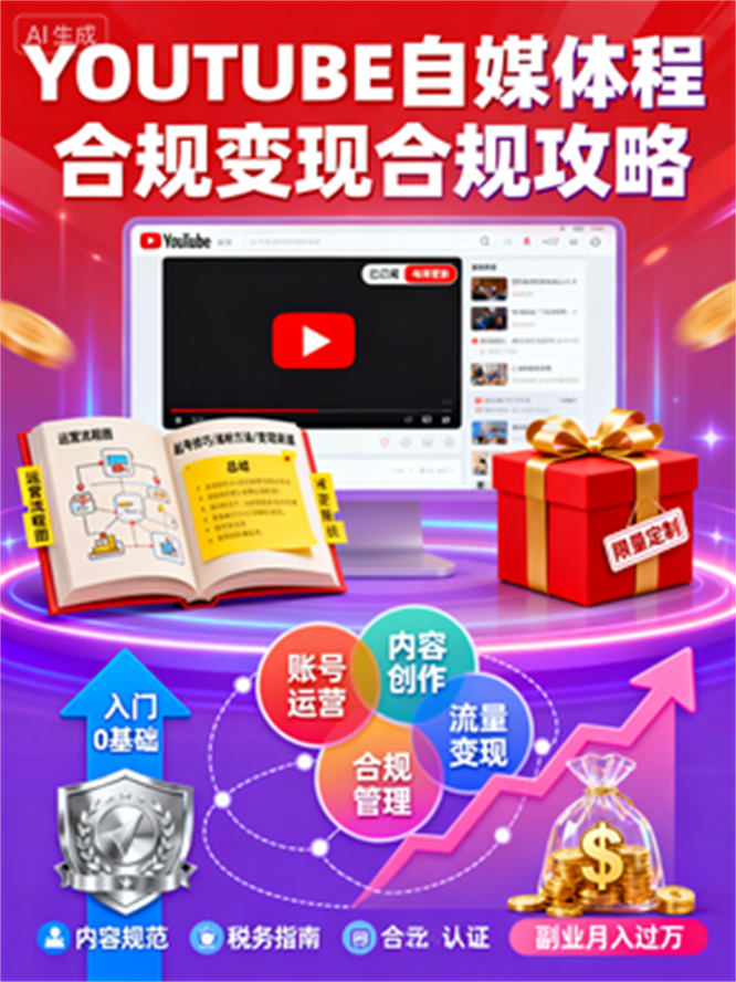 YouTube自媒体副业全攻略：教程总结+定制礼包+多模块实操，从入门到合规变现-侠客资源