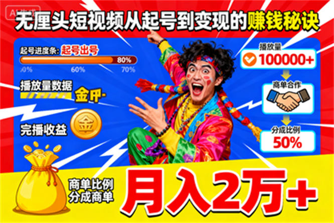 无厘头短视频变现有啥秘诀？起号出号、完播收益、分成商单，助你月入2万+！-侠客资源