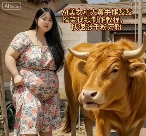 AI美女和大黄牛摔跤搞笑荒诞视频制作教程，快速涨千粉万粉-侠客资源