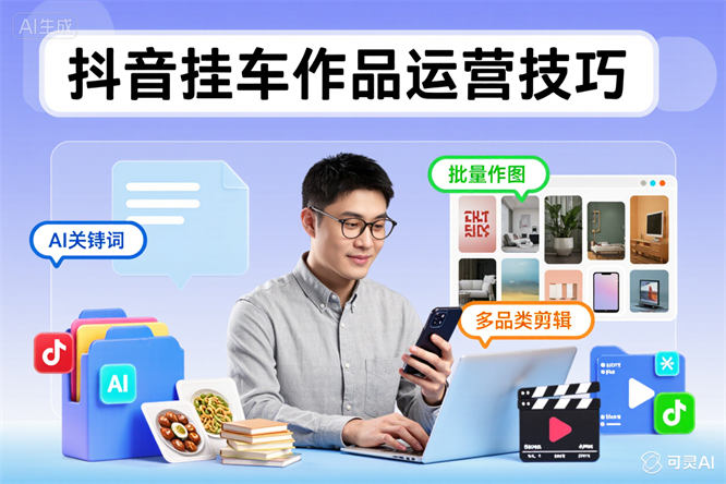 抖音挂车作品运营技巧：AI关键词+批量作图+多品类剪辑-侠客资源