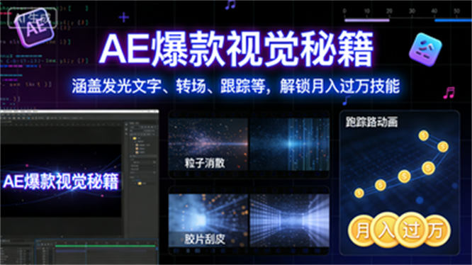 AE爆款视觉秘籍：涵盖发光文字、转场、跟踪等，解锁月入过万技能-侠客资源