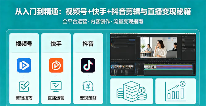 从入门到精通：视频号+快手+抖音剪辑与直播变现秘籍-侠客资源
