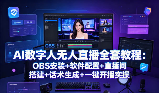 AI数字人无人直播全套教程：OBS安装+软件配置+直播间搭建+话术生成+一键开播实操-侠客资源