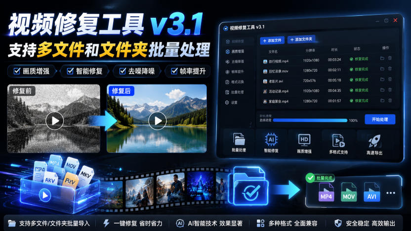 【免费分享】视频修复工具：支持批量多文件处理，四种修复模式+AI超分，画质重生一键搞定！-侠客资源