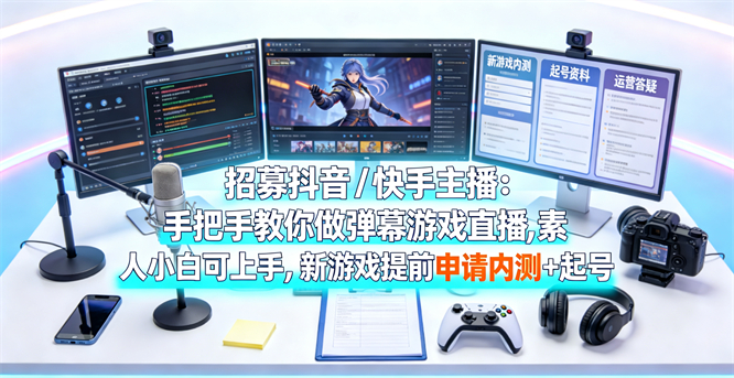招募抖音 / 快手主播：手把手教你做弹幕游戏直播，素人小白可上手，新游戏提前申请内测 + 起号资料 + 运营一对一答疑-32互游