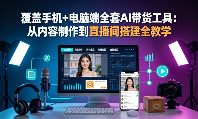 覆盖手机+电脑端全套AI带货工具:从内容制作到直播间搭建全教学-侠客资源